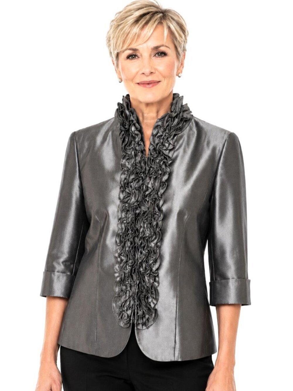 Adrianna Papell Silver Grey Silk Cotton Ruffle Zip Jacket